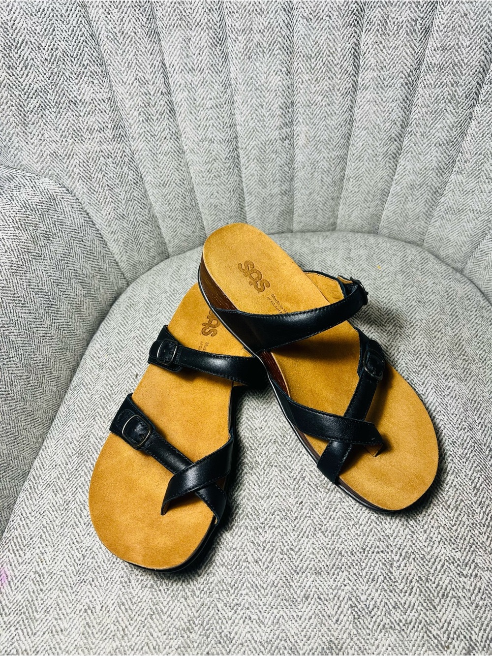 SAS Black Leather Strappy Sandals with Tan Footbed
